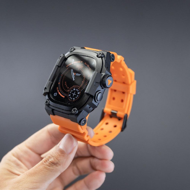 애플워치 울트라 3세대 스트랩 아머 메탈 케이스 일체형 실리콘 밴드, 49mm(ultra1/2/3세대용), 검은 원 + 검은 조개 + 주황 띠