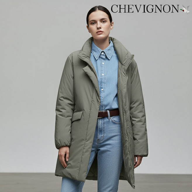 후스타일 쉐비뇽 여성 캐시미어 블렌디드 패딩 코트_올리브