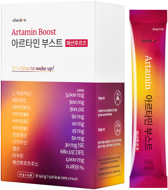[공식 판매처] 체크오 아르타민 부스트 패션후르츠 아르기닌 타우린 고함량 활력 비타민 패션후르츠맛, 1박스, 14회분