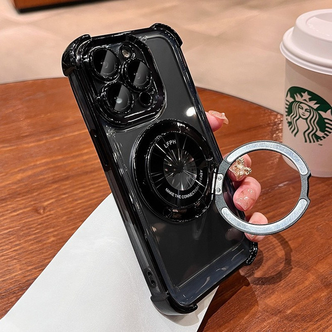 iPhone 手機殼 防摔保護殼 360°旋轉磁吸支架-黑色