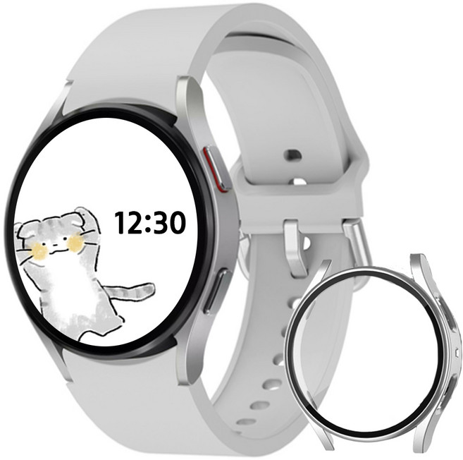 아이비온 갤럭시워치 실리콘 스트랩 40 44mm + 풀커버 케이스 세트, 퓨어실버, 1개