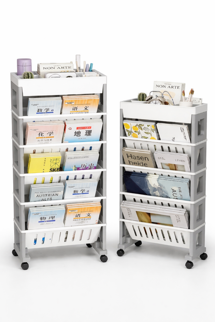이동식 북트롤리 카트 책꽃이수납, 6단, 회이트&그레이투톤