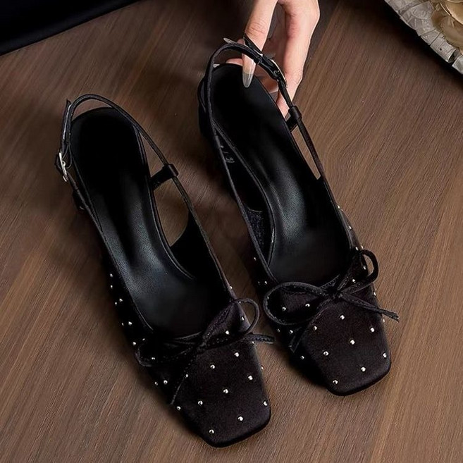 여성 여름 샌들 슬링백 미들굽 스퀘어토 리본 큐빅 캐주얼 슈즈