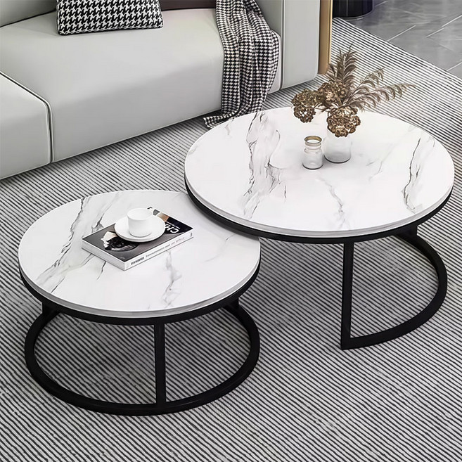 New World 거실테이블 70+50CM 원형티테이블 CJ01, 화이트+블랙