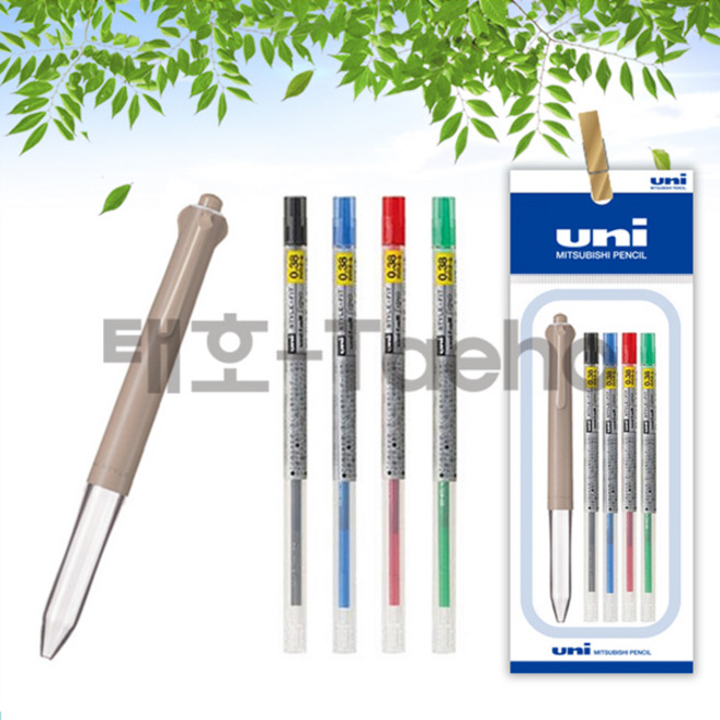 유니 스타일핏트 4색 홀더 + 0.38mm 리필 세트, 1세트, 4색홀더 그레이지+0.38 리필 블랙+블루+레드+그린