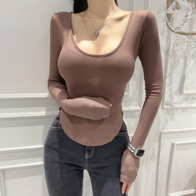 holssi 섹시 글램핏 골지 슬림핏 유넥 긴팔티 페미닌룩 에이블리