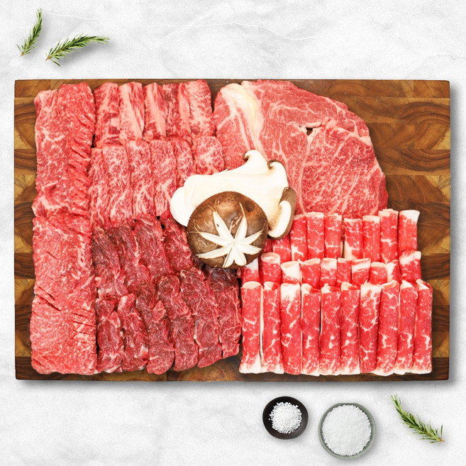 1+ 원쁠 한우 구이용 소고기 모둠세트 갈비살 꽃등심 차돌박이 제비추리 선물세트450g 750g 1kg, 프리미엄모둠세트 1kg(6~7인),선물포장X, 1세트