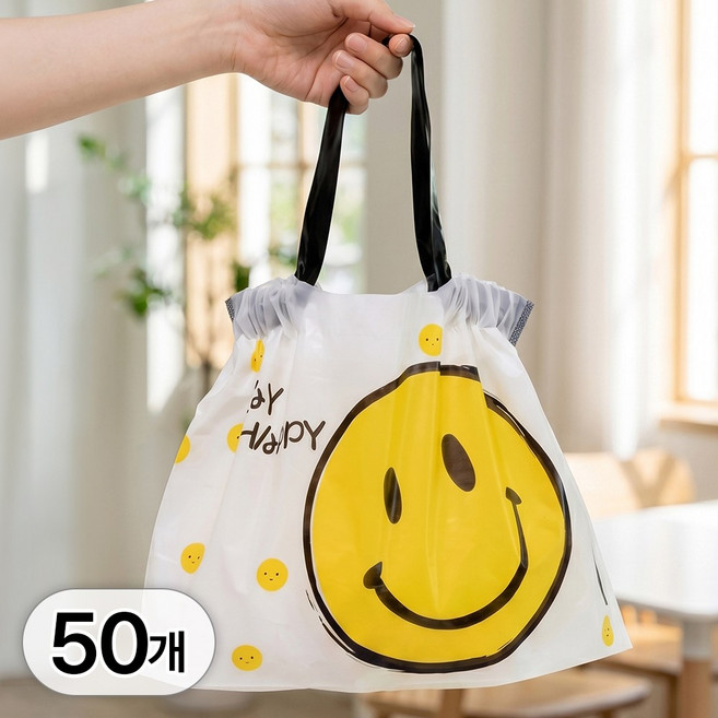 투데이리빙 50P 세트 대용량 데이지 포장 쇼핑백 귀여운 스마일 손잡이 봉투 가벼운 다용도 장바구니 선물 답례 비닐백, 50개, 혼합색상