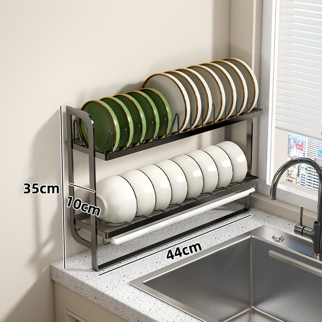 프렛픽 싱크대위수납장 벽걸이 초슬림 식기건조대 물빠짐 그릇 정리 수납 선반, 이층 블랙 벽면형, 1개
