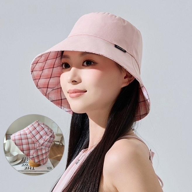 느와드코코 체크 양면 경량 목끈 가벼운 다운 버킷햇 캐주얼모자