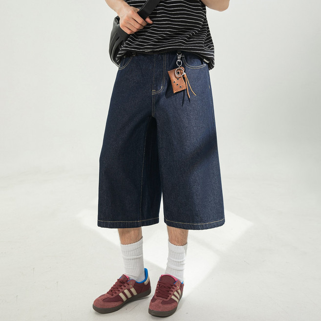 HANYO 남자 여름 와이드핏 워싱 데님 버뮤다 팬츠 7부 청 반바지