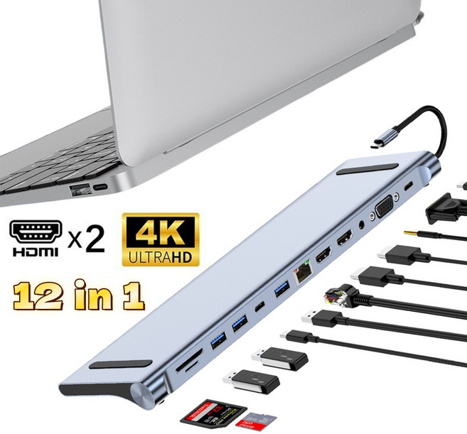 CinemaKiss 12in1 c타입 허브 듀얼 HDMI 허브 4K 유형 C 도킹 스테이션 RJ45 PD 100W 어댑터 VGA 100Mbps 기가비트 이더넷 USB 3.0 허브, LTBY-12in1, 1개, LTBY-12in1