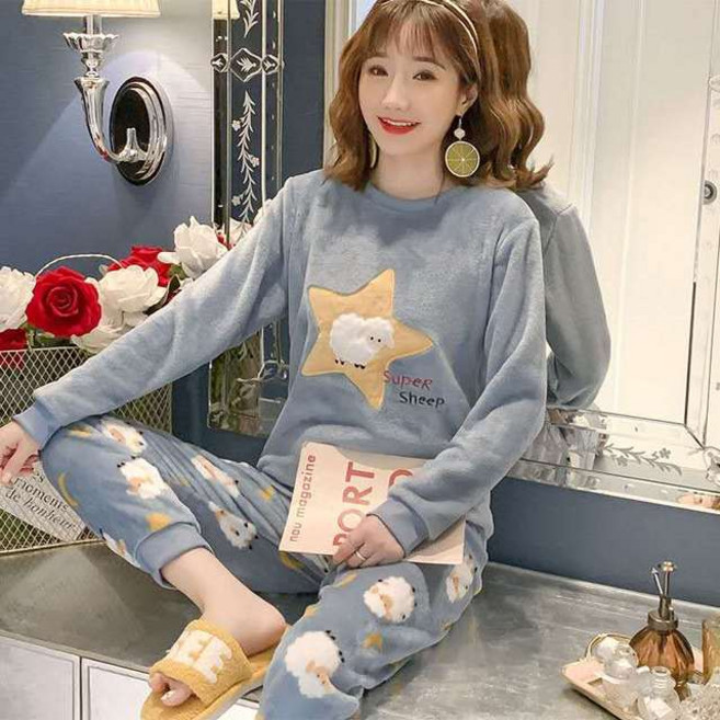 2021 autumn and winter warm flannel women's pajamas set