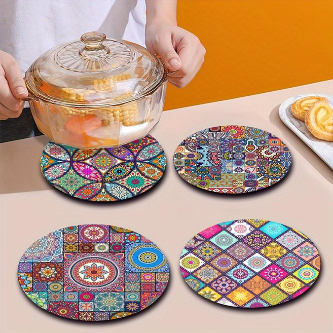 내열 미끄럼 방지 만다라 원형 목재 냄비 받침 4P 세트, 1세트, 혼합