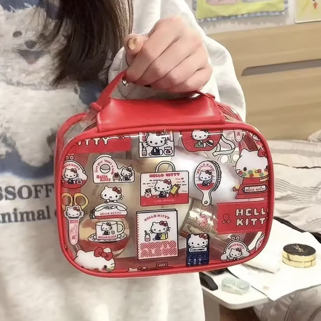 메리 헬로키티 투명 파우치 화장품 휴대용 pvc 키티 방수 미니 여행용 가방 프릴 레이스 체리 파우치 선물 화장품백 고전, 1개, 투명레드