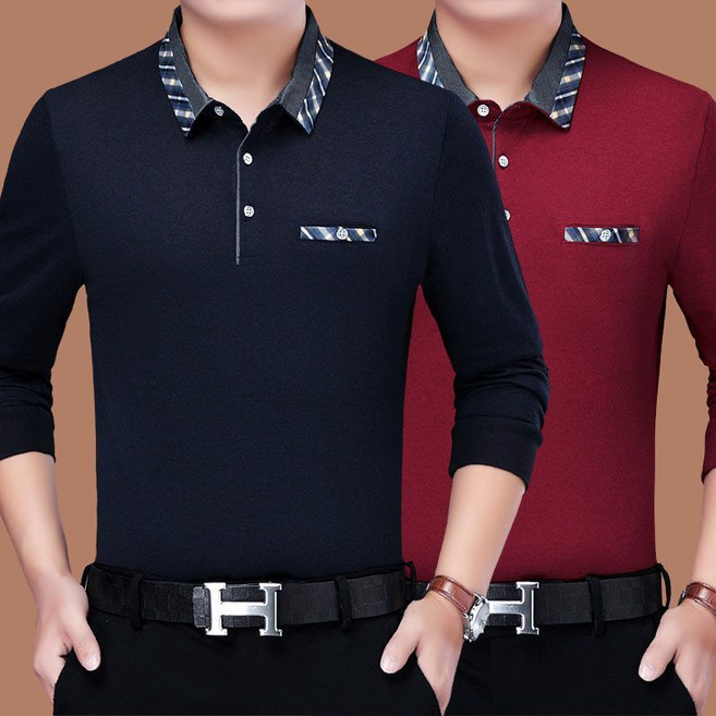 1+1 중년 남성 폴로넥 긴팔 티셔츠 봄가을 캐주얼 기질 얇은 셔츠 아빠 루즈핏 터틀넥 긴팔티 상의 YHY