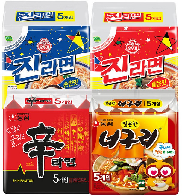 농심 신라면120g(5개)+얼큰너구리120g(5개)+오뚜기 진라면순한맛120g(5개)+진라면매운맛120g(5개), 5개
