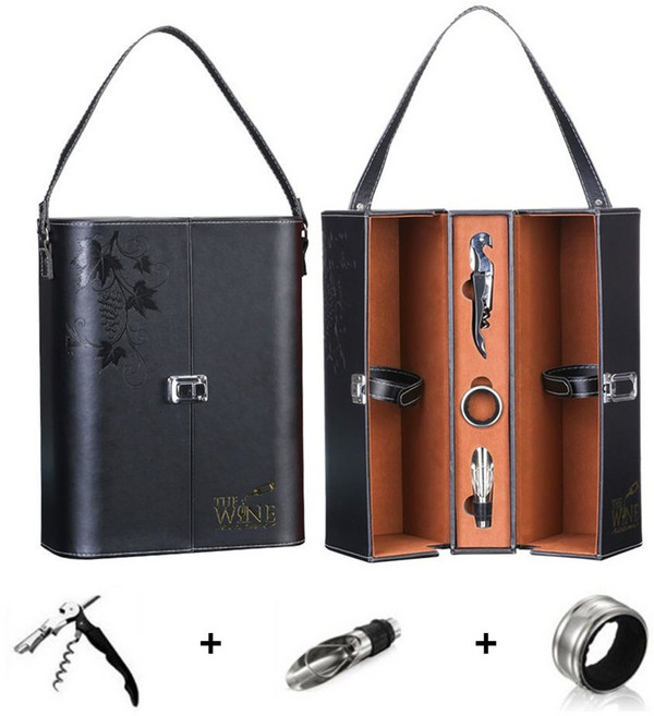 여행용 와인 선물 포장 박스 고급 가죽 와인 더블 케이스 와인가방 도구세트, 블랙, 255mm*104mm*328mm, 1개