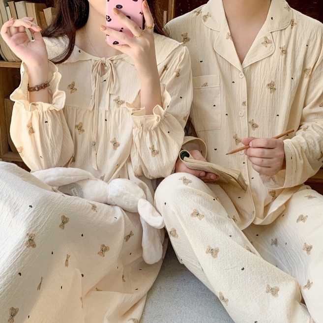 러빙리 곰돌라이프 긴팔 커플 파자마 순면 잠옷 홈웨어 상하세트