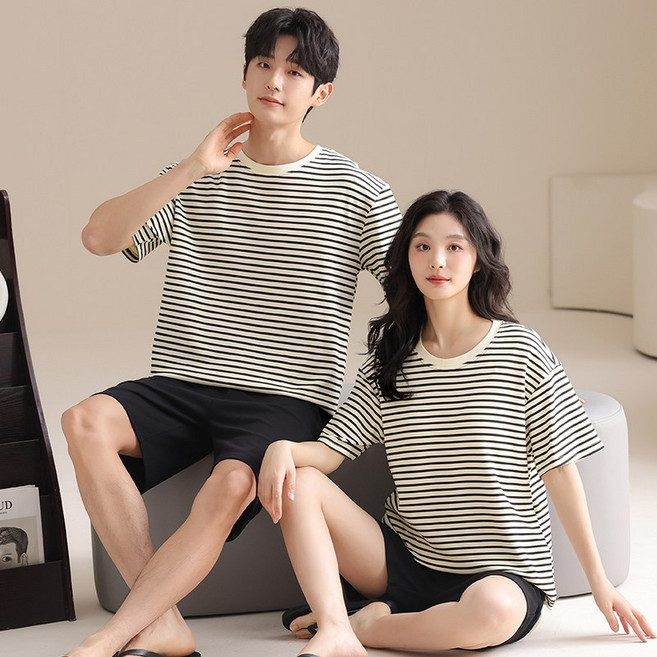 ANYOU 여름 스트라이프 커플 반팔 순면 잠옷 세트 데일리 빅사이즈 홈웨어