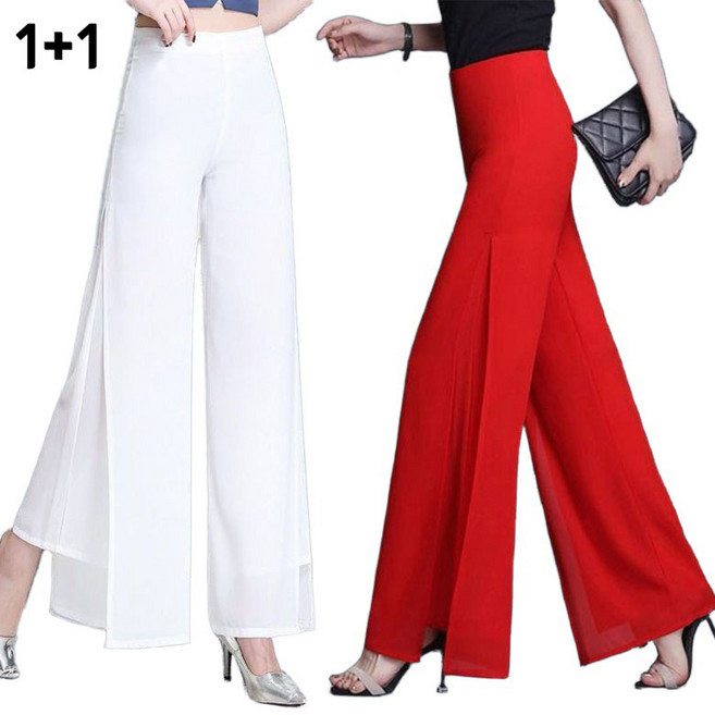 JUSTFEELING 1+1 날씬해보이는 예쁜 쉬폰 옆트임 와이드 통바지 여성 여름 편한 레이어드 캉캉 쉬폰바지 시원한 무지 긴바지