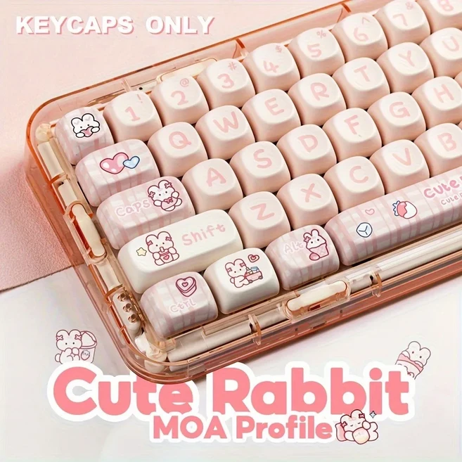 귀여운 기계식 키보드 키캡 한글 영문 각인 PBT 염료승화캐릭터 키캡 MOA 프로파일 MX 스위치 호환 61/64/68/87/96/104/108 배열 키보드 지원, 간식 토끼, 핑크 계열