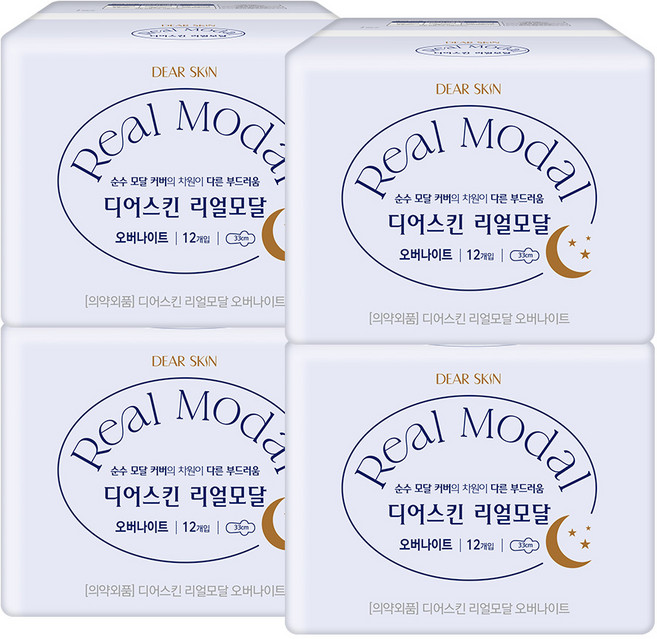 디어스킨 리얼모달 생리대, 오버나이트, 12개입, 4개