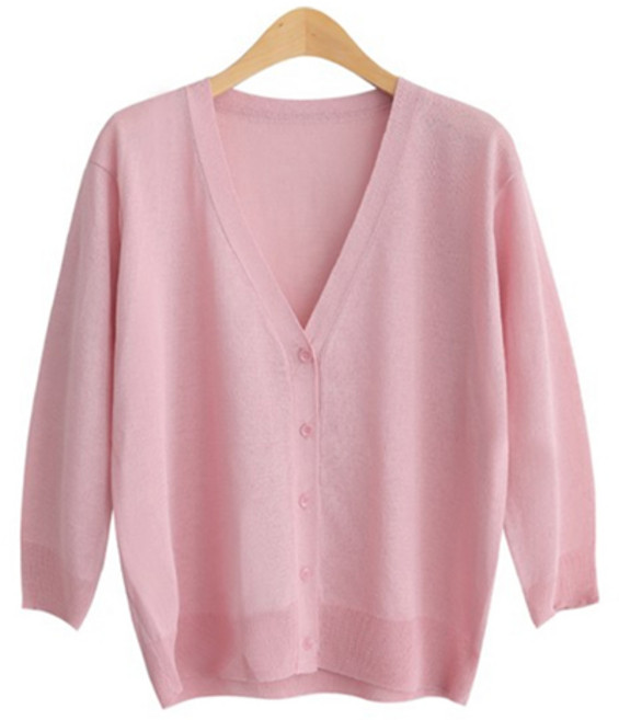 제니트 여성 기본핏 브이넥 7부 쿨 니트 가디건 여름 루킨 7부