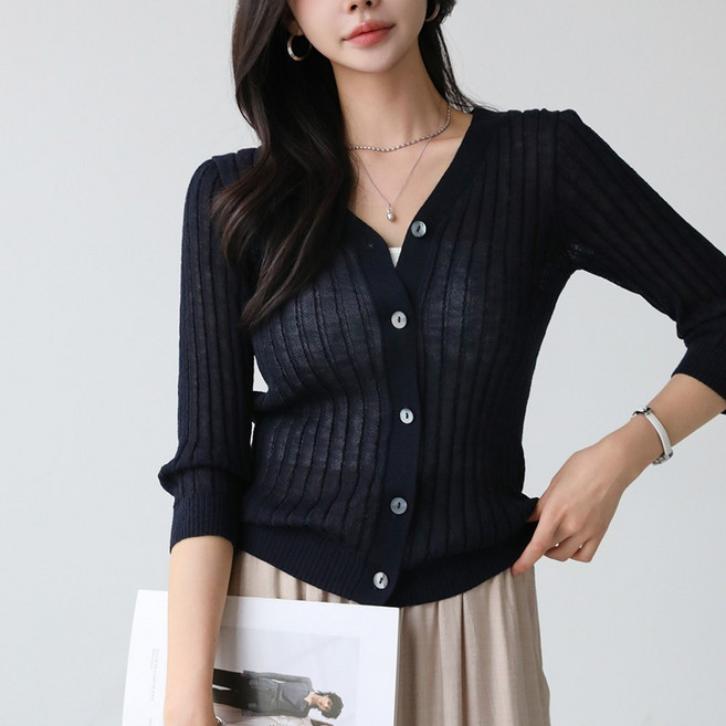 린넨 비스코스 골지 브이넥 썸머 7부 가디건 #22601