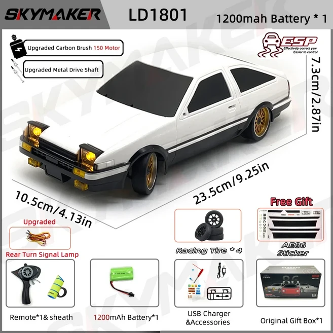 Skymaker AE86 모델 LD1801 RX-7 FC 1:18 RC 드리프트 카 2.4G 원격 제어 ESP 자이로 스코프 LED 레이싱, 02 LD1801-1B1200-L-S