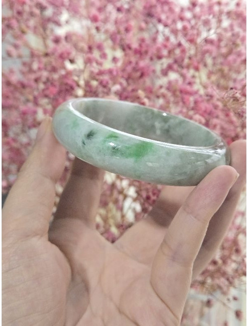 晴底漂綠花黃翡翠平安鐲 女款手鐲
