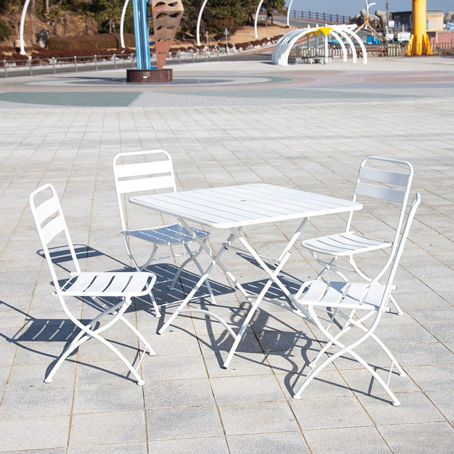 바젤 접이식 야외 사각 테이블 의자 세트 4인 철제 체어, 화이트