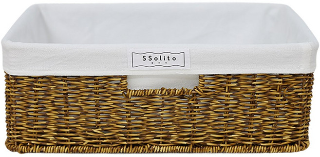 쏠리또 내츄럴 PP 오픈형 라탄바구니+코튼안감세트 사각바구니 수건 수납함 보관함, 짙은색(옵션1+화이트안감), 1세트