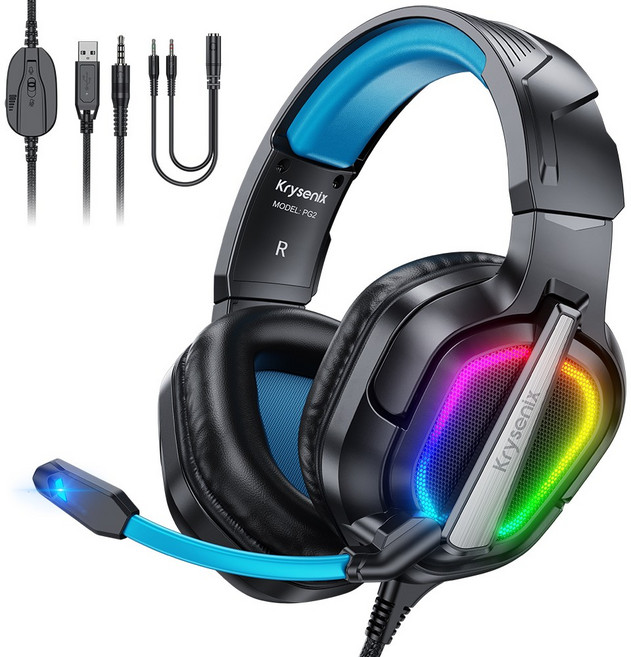Krysenix 게이밍 헤드셋 pc 유선 PG2, 블랙 블루