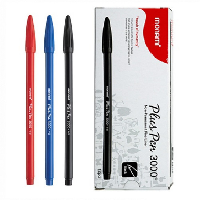 모나미 프러스펜 3000 수성 (블랙12개+블루12개+레드12개) 플러스펜 세트, 0.4mm 흑12+적12+청12 세트, 1개