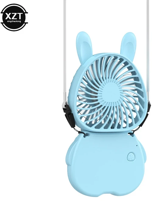 USB 충전식 걸이식 목 선풍기 미니 휴대용 소형 데스크탑 캠핑 포켓 사일런트 에어 쿨러 신제품, 02 파란