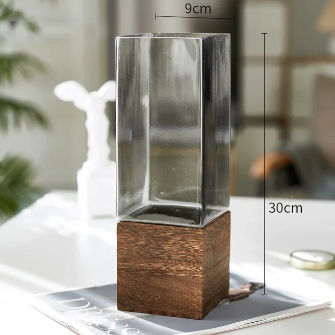 사각 유리 화병 나무 받침대 책상 장식 꽃병 수경재배 화분 꽃꽂이 모던 홈 데코, 04 9x30cm