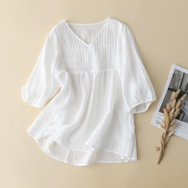 COSYEVNO 여성 면마셔츠 빅사이즈 루즈핏 트렌디 빈티지 슬림5부소매 상의