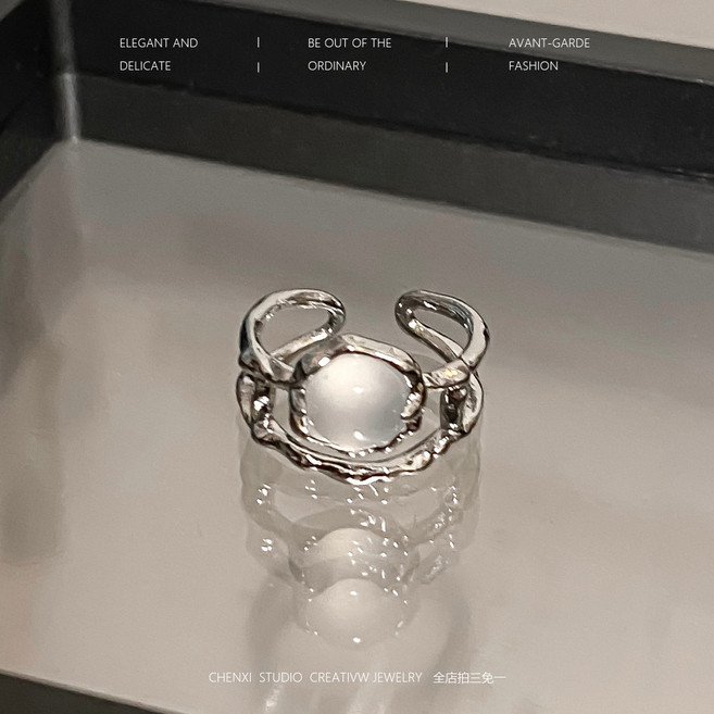 CHENXI STUDIO CREATIVV JEWELRY 韓版復古月光石戒指 銀色質感百搭鑽石戒指