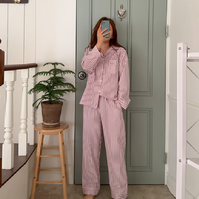 [해피데이 made] 파이 스트라이프 긴팔 잠옷 커플 파자마 세트 수면잠옷 3color