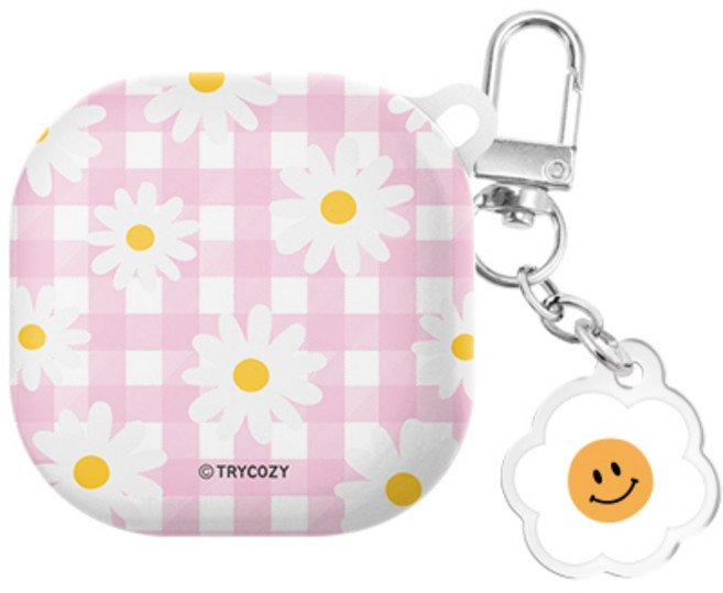 체크 스마일플라워 버즈라이브/버즈프로/버즈2/버즈2프로(공용) 하드 케이스 키링 세트, 핑크