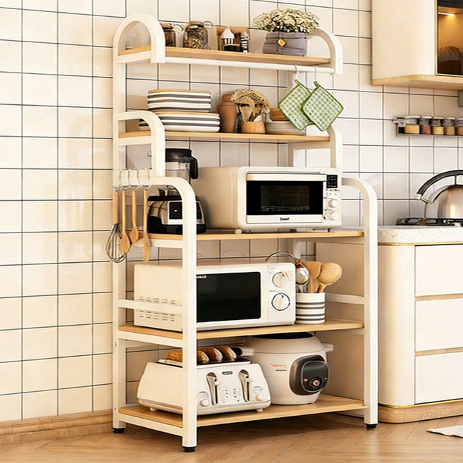 SeekFun 다용도 주방 선반 전자레인지 오븐 수납 조리도구 정리용 다층형 선반, 5단, 흰 원목색