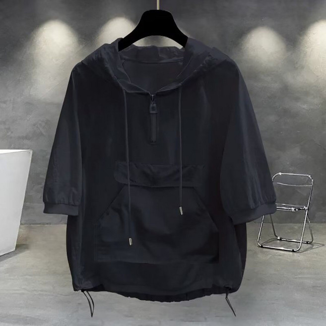 지고다그 남성용 여름용 루즈핏 반팔 아노락 반집업 후드티 빅포켓 캐주얼 얇은 바람막이 DLJ0148