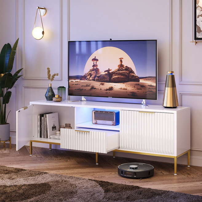 Bestier 거실장 TV다이 수납장 1400 서랍형 LED, 화이트