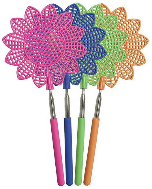 Set of 4 Telescopic Fly Swatters - Extends from 11" to 29" with Large Sized 5" x 5" Head (Sunflowe, Sunflower