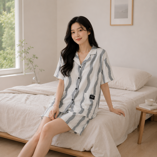 여성 모달 혼방 카라 반팔 반바지 잠옷 세트 여름 홈웨어 파자마 상하의 세트