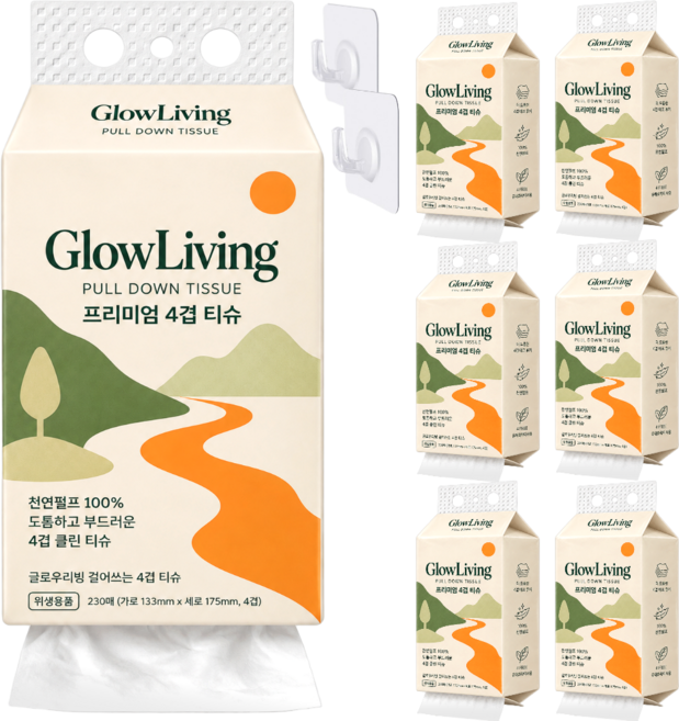 글로우리빙 걸어쓰는 4겹 티슈 뽑아쓰는 벽걸이형 먼지없는 도톰한 화장지, 6개, 230매입