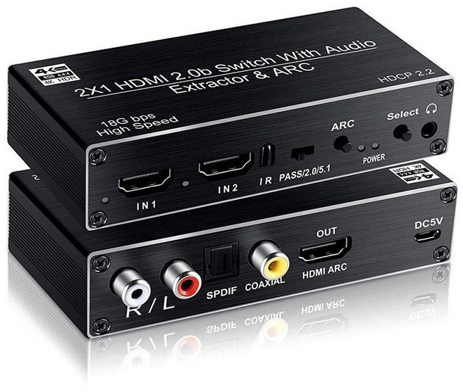 HDMI 2.0b 2進1出影音切換器 音源擷取器支援ARC與4K 60Hz, 1個, 50-507-10