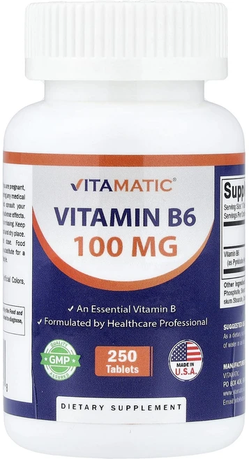 비타매틱 비타민B6 피리독신 100mg 250정, 4개 - 쿠팡