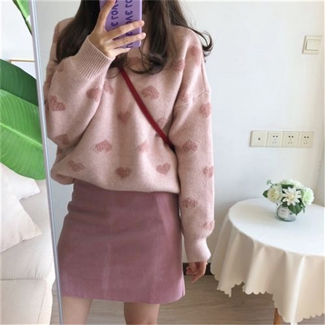 루스리더 여성 라운드넥 하트 루즈핏 보온 니트 스웨터 EW19